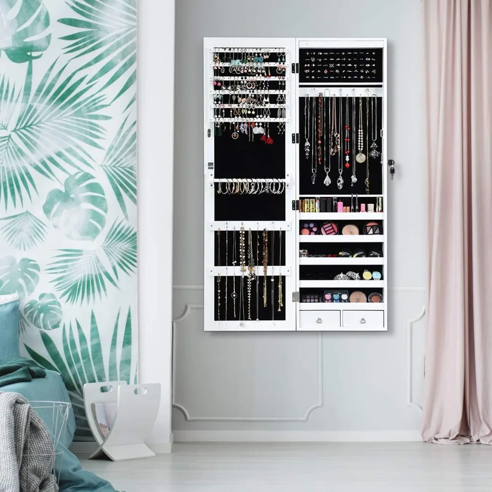 15-LED Jewelry Armoire – Lockable Cabinet with Full-Length Mirror, Wall or Door Mounted, Large Storage