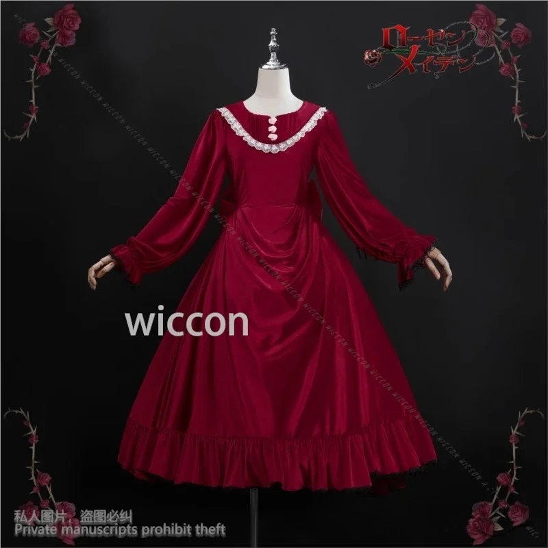 تأثيري شين كو أنيمي روزن تأثيري البكر زي الأحمر المخملية فستان لوليتا قبعة أغطية الرأس الباروكات للفتيات امرأة هالوين حفلة Cust