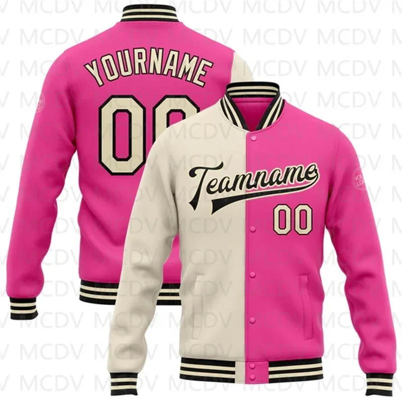 Custom Navy Pink-White Bomber Full-Snap Varsity Letterman Split Fashion Jacket