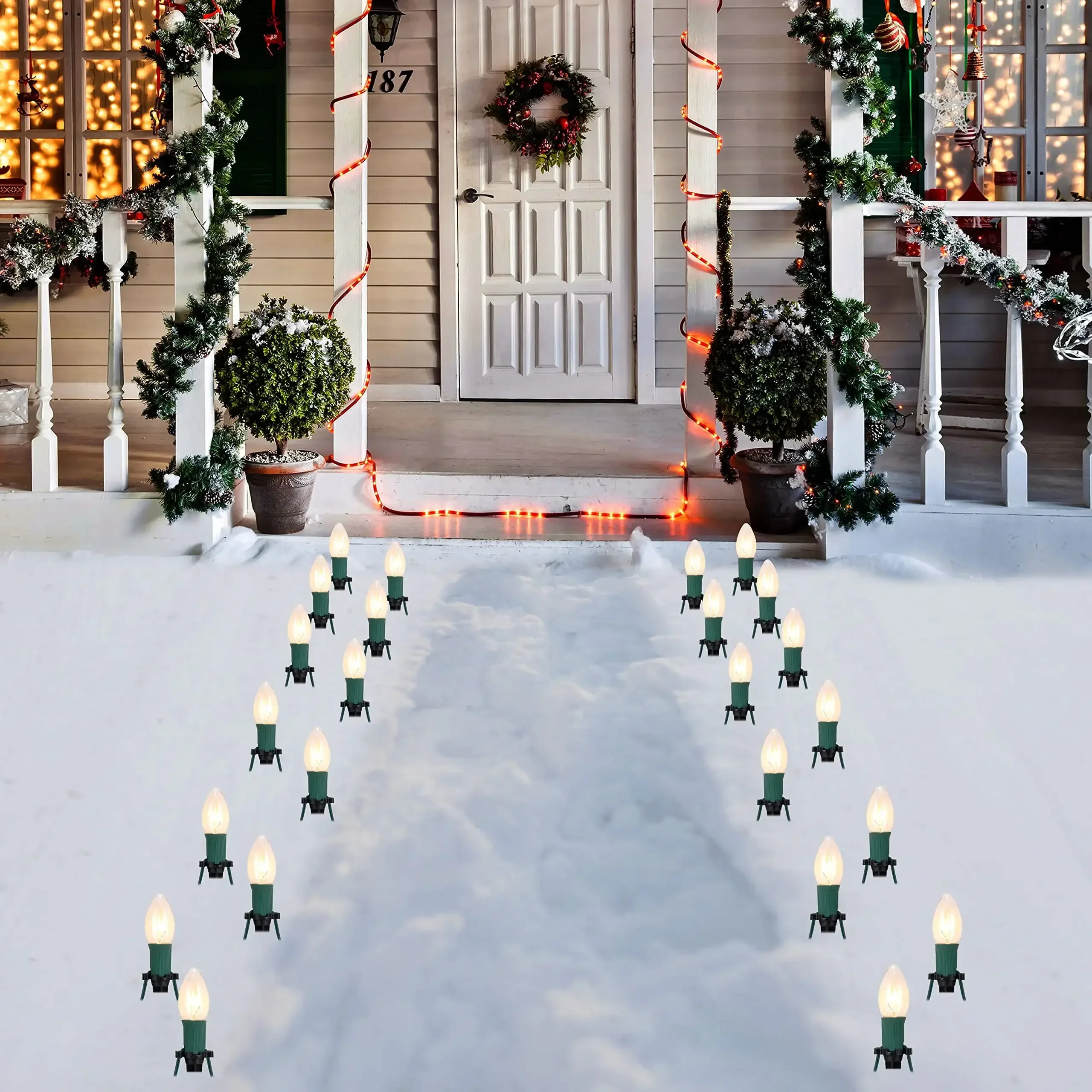 30.75ft 24 Warm White Christmas C9 Pathway Marker String Lights with Stakes For Yard Garden Decor,Christmas Party,Holiday Decor