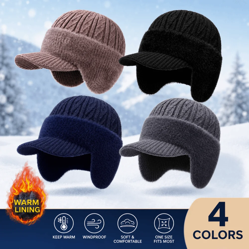 Unisex Lined Warm Winter Hat Thicken Knitted Thick Knitted Hat Coldproof Brim Style Ski Sports Hat for Women Men
