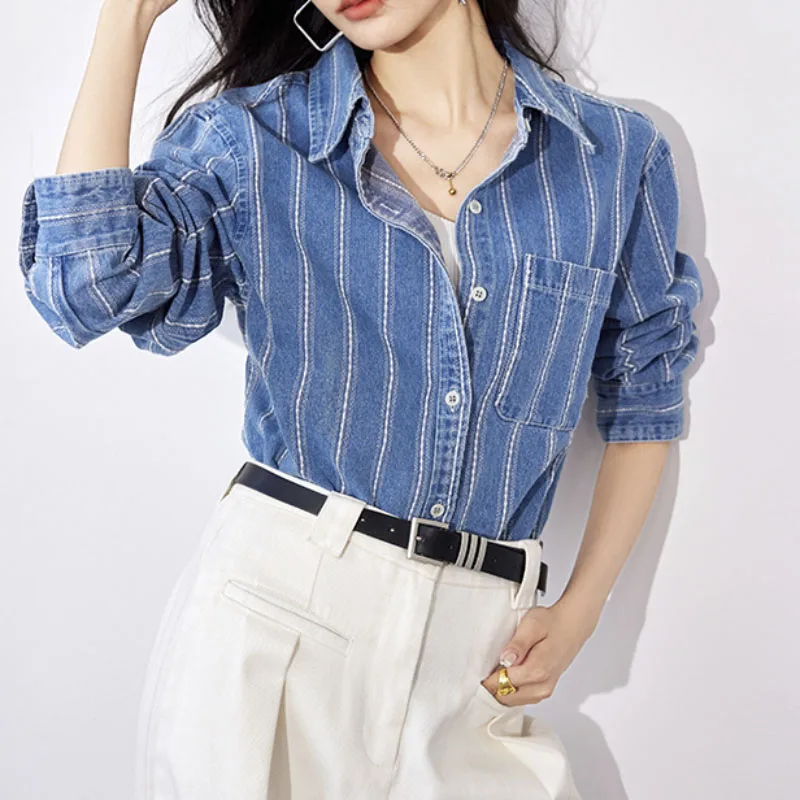 

Autumn Women Stripe Shirt Full-Sleeves Vintage Turn-down Collar Pocket Female Korean Blouse Loose Long Denim Shirt Casual Top
