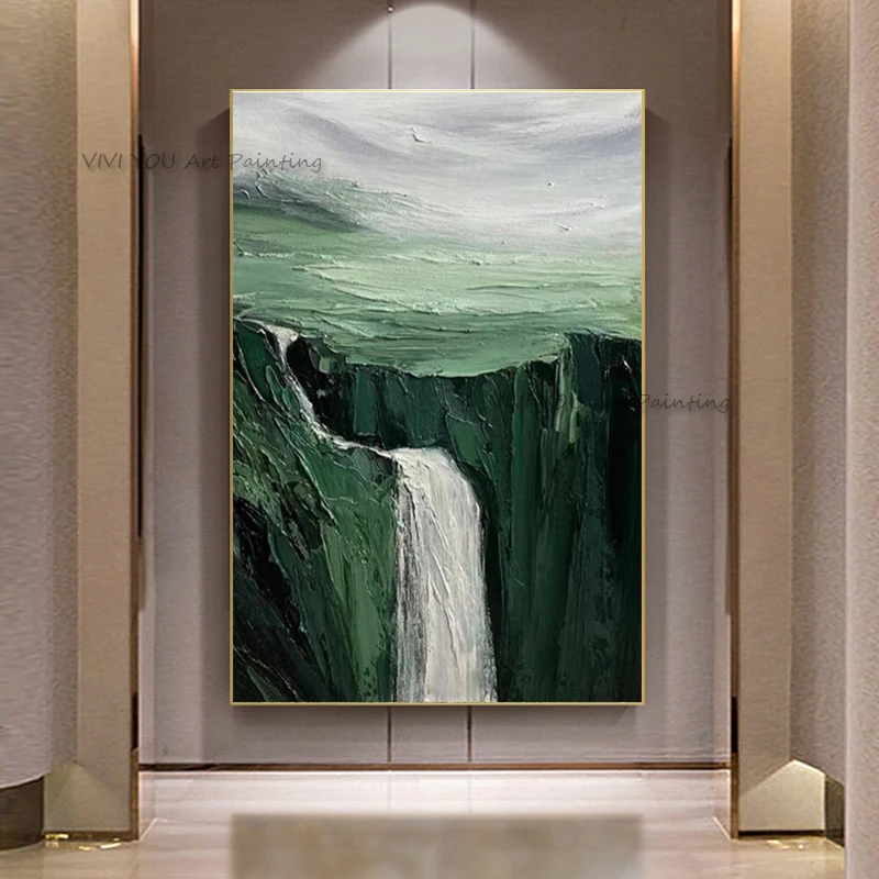 Handpainted Abstract Waterfall Oil Painting Textured Wall Art Original Green Nature Landscape Painting Custom Painting Wall Art