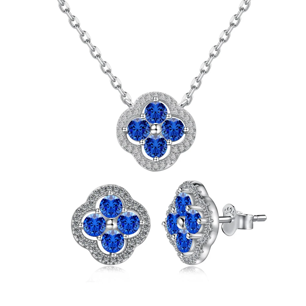 

CCFJOYAS 925 Sterling Silver White/Green/Rose red/Blue Zircon Flower Pendant Necklace Earrings Set Exquisite Women Jewelry Set