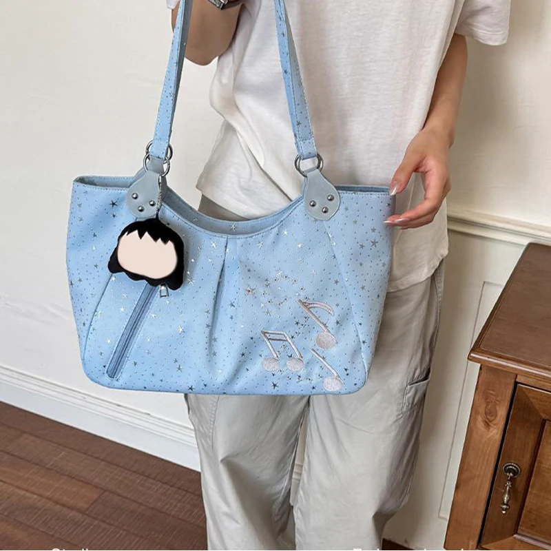 Handtasche mit seitlichem Reißverschluss und Musiknoten-Sternmuster, koreanische Nylon-Umhängetasche, süße, lässige, einfarbige Damen-Einkaufstasche für die Arbeit – Detail 12