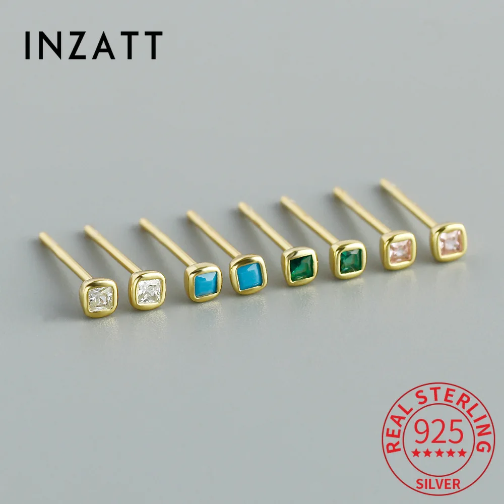 

INZATT Real 925 Sterling Silver Square Zircon Mini Stud Earrings For Women Classic Fine Jewelry Light luxury Accessories