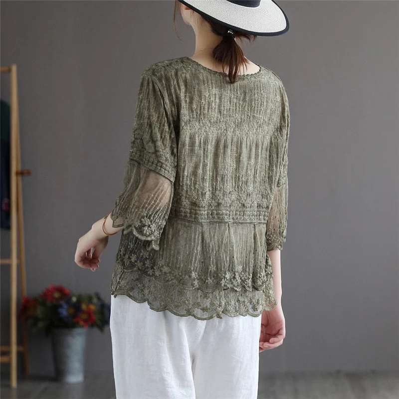 Vintage Embroidery Mesh Lace V Neck Half Sleeve Cotton Linen Ladies Tops Blouses Summer Vacation Women Casual Loose Solid Shirts