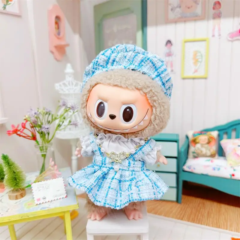 Bonito Mini Plush Doll Roupas para Meninas, 17cm, Outfit Acessórios, Coréia K-pop Exo Labubu Idol Dolls, Hoodie, Saia, Vestuário, Presente DIY