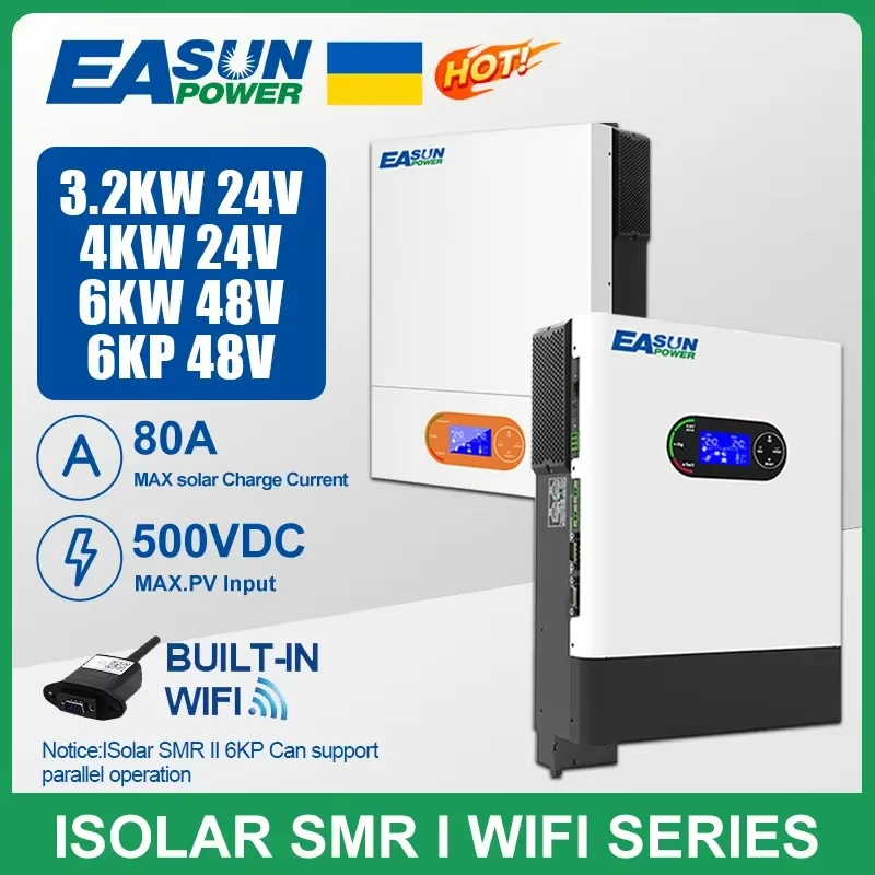 Easun Power 6000w 4000w 3200w 48v 24v MPPT Hybrid Off Grid Pure Sine Wave 120a 230v 50/60hz Solar Inverter Charger Support WIFI