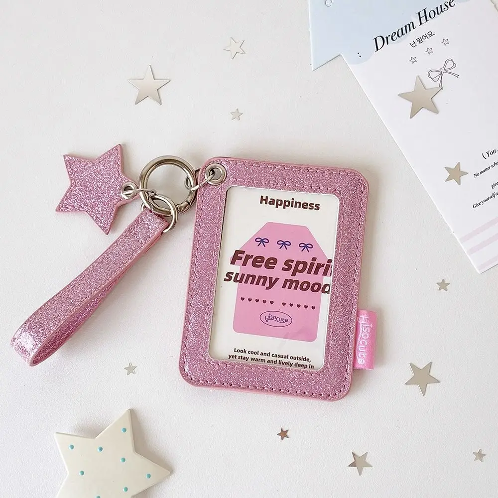 Glitter PU Photocard Holder with Wrist Strap Shiny Star Charm Photocard Case Double Layer Decoration Photocard Display Sleeve