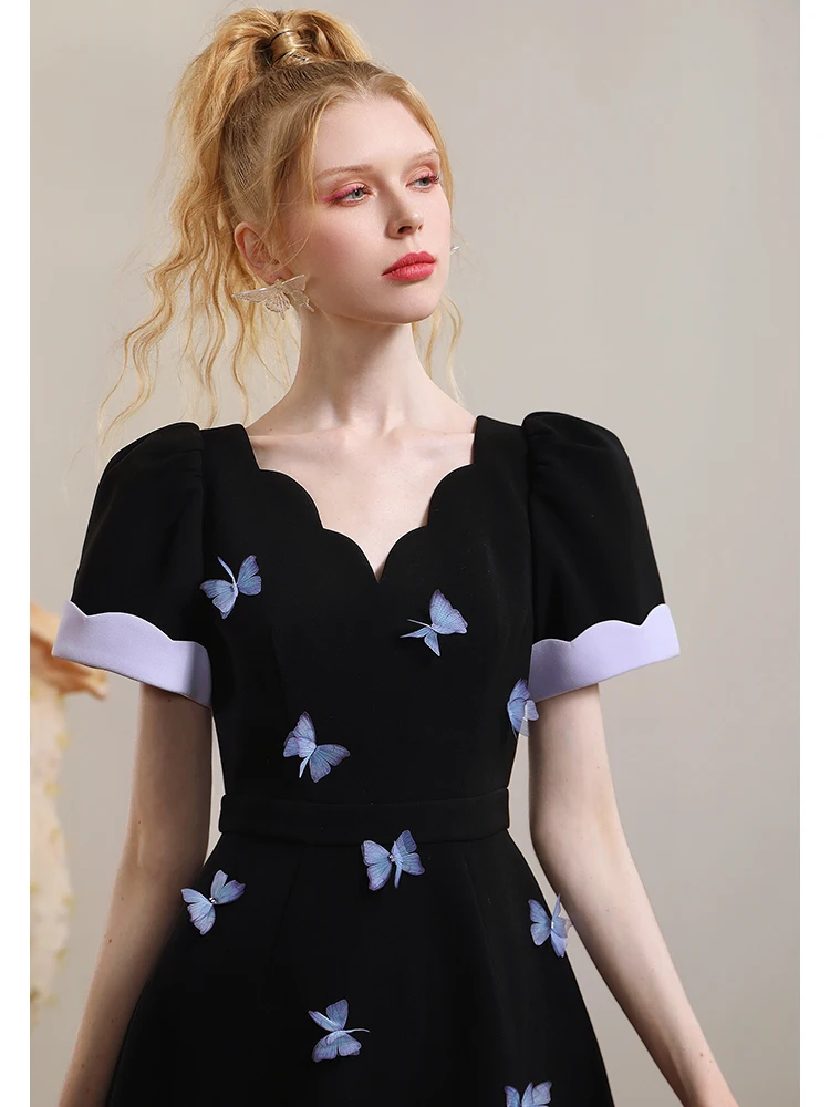 Chic Vintage Black Dress Women's Elegant Romantic Petal V-neck Fashion Commuter Butterfly Dress Streetwear Ladies Dresses