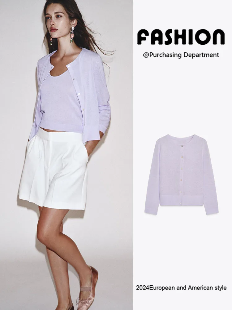 

New Arrival Autumn Women's Knitted Long Sve round Ne Purple Fine Needle Outerwear Versatile Sli European Sle Cardigan