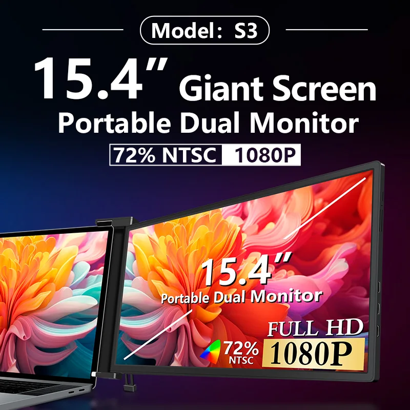 Monitor triplo para laptop 15,6, tela direita 180 °   Rotação, Plug and Play para Windows/Mac(M1/M2/M3) Pro/Max de 15,6-17,3" - S3