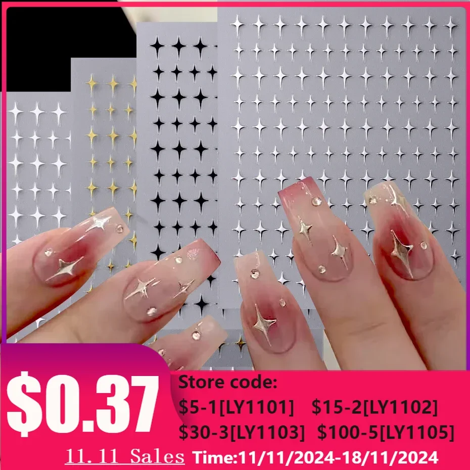 3D Black Sliver Stars Nails Stickers Bronzing Laser White Cross Starlight Glossychic Stylish Y2K Adhesive Manicure Decorations