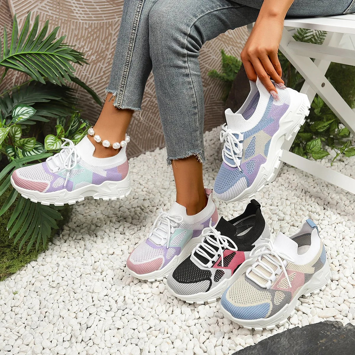 Women's Casual Fashionable Woven Mesh Dad Shoes Spring Breathable Lightweight Low-Heeled Sports Shoes
