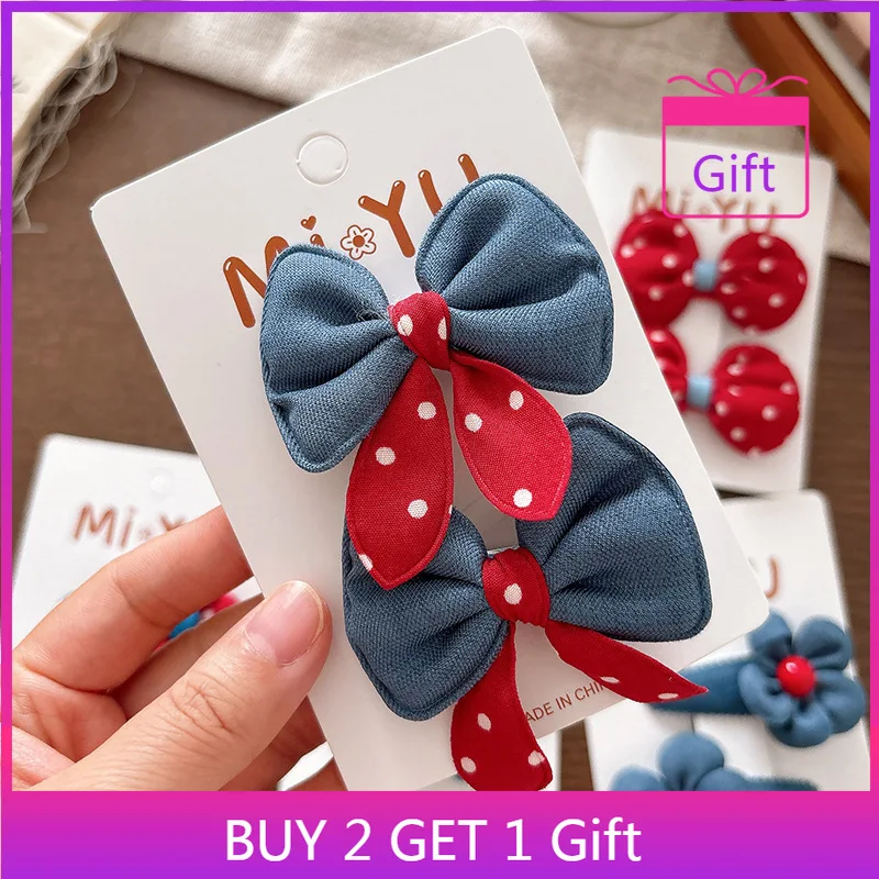

Милые заколки для волос в стиле ретро, джинсовый бант с красными заколками в горошек и цветами для девочек, нескользящие