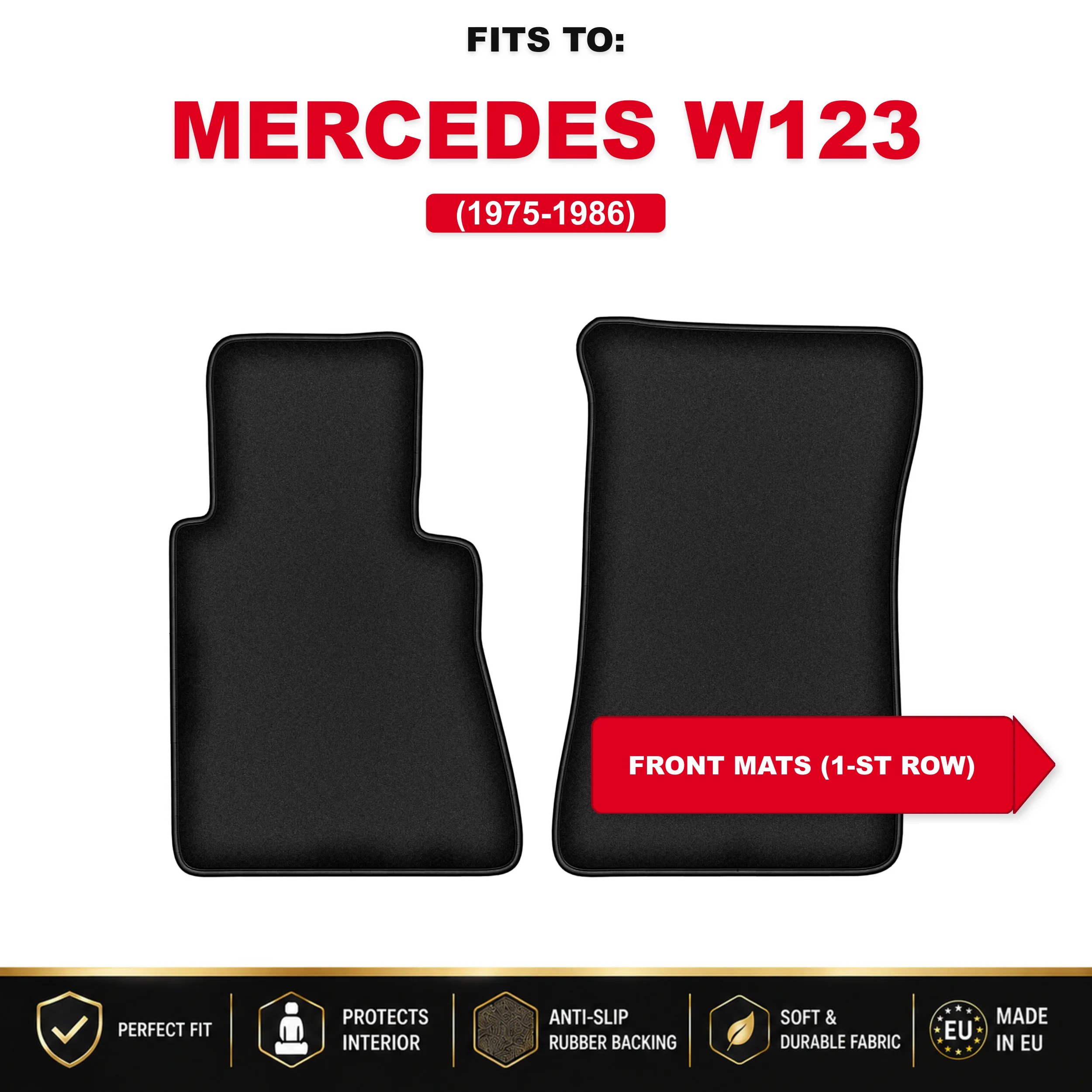 Voorste velours vloermatten, zwart, 2 stuks. Voor: Mercedes W123 1975-1986 set auto vloermatten voor de voorkant van het voertuig
