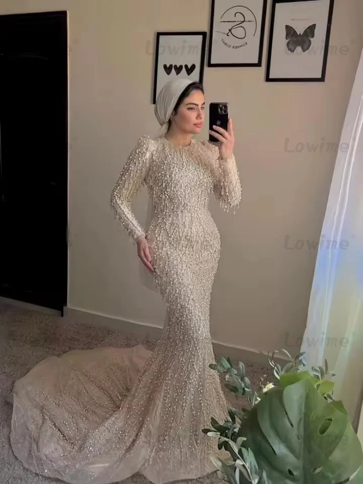 

Muslim Heavy Pearls Beaded Evening Gown Long Sleeves Mermaid Dubai Arabic Party Dress Customized Women Prom Dress Robe De Soiree