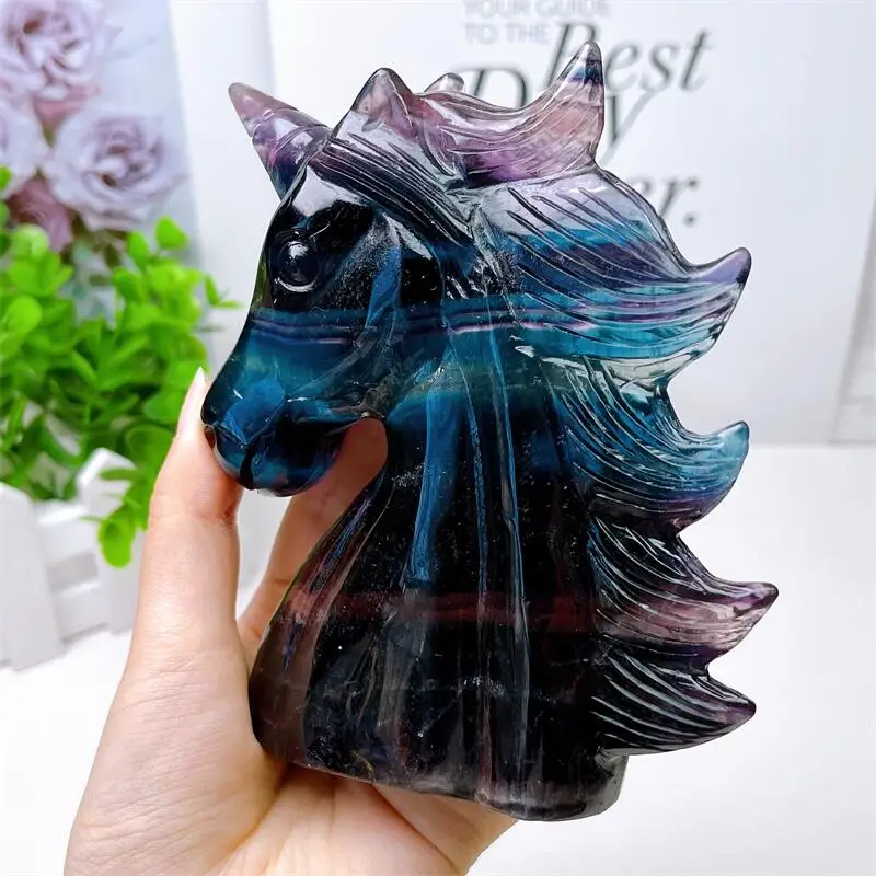 Natural Rainbow Fluorite Unicorn Crystal Carving Animal Statue Healing Decoration Of Domestic Rooms 1pcs