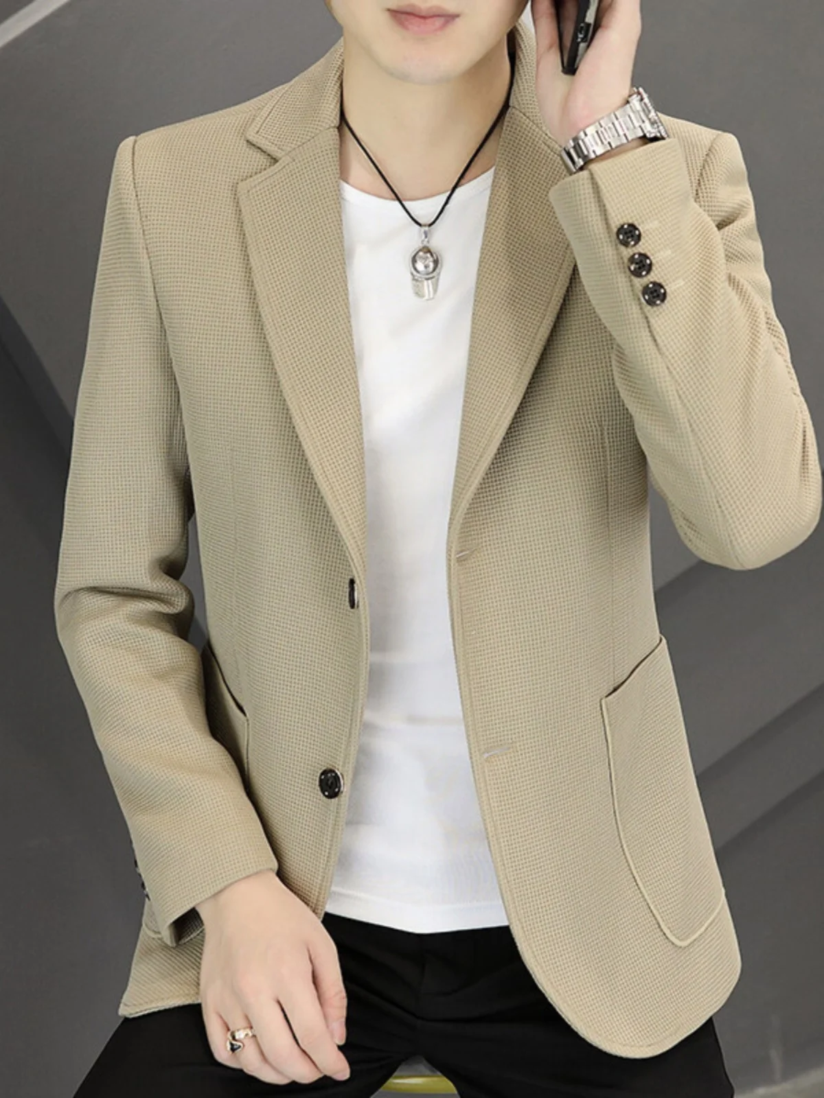 

Casual Two-Button Men's Youth Suit Jacket Spring Autumn Fashion Urban Style Polyester Fiber Long Sleeve round Bottom Design