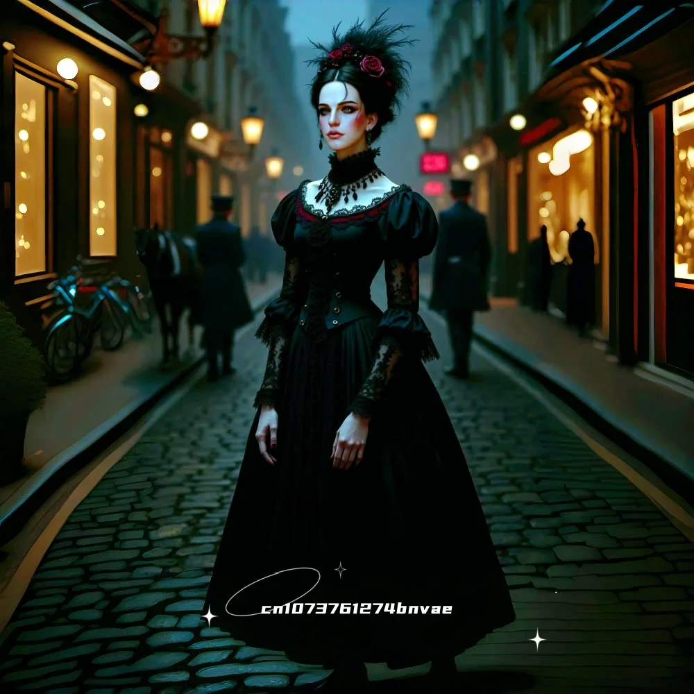 Gotische zwarte galajurk enkellange a-lijn satijnen korset vampier halloween kostuum ronde halslijn lange mouwen op maat