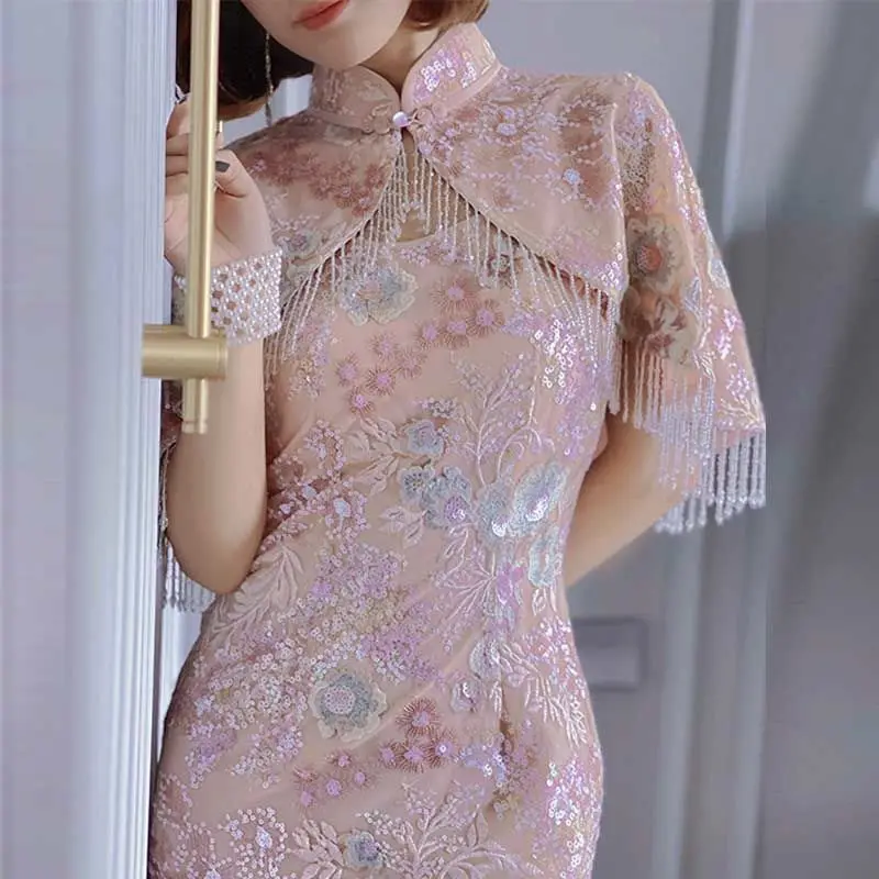 Cheongsam New Women's Summer Chiffon Elegant Young Chinese Style Floral Dress Qipao Lady Retro Stand Collar Slim Party Dresses