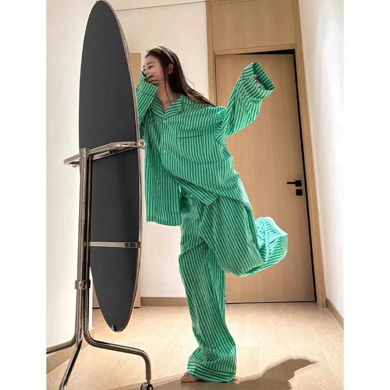 

New Striped Spring Autumn Women's Long Sleeve Pajama Set Long Pants Plus Size Loungewear Suitable Outdoor 4XL Size Oversize
