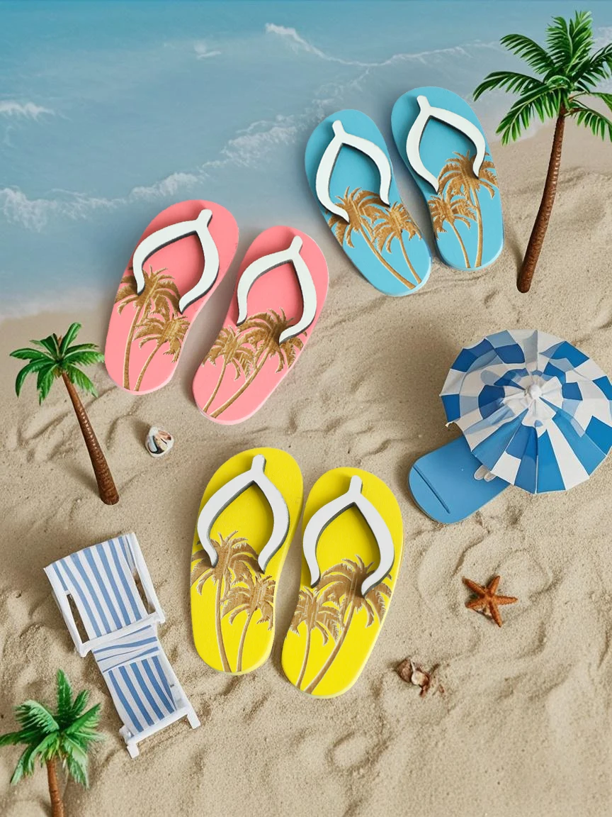 Boho-Holz-Flip-Flop-Desktop-Dekoration – Palmenbaummuster, Ornamente im tropischen Stil für Zuhause, ideale Sommer-Tisch-/Regalpräsentation