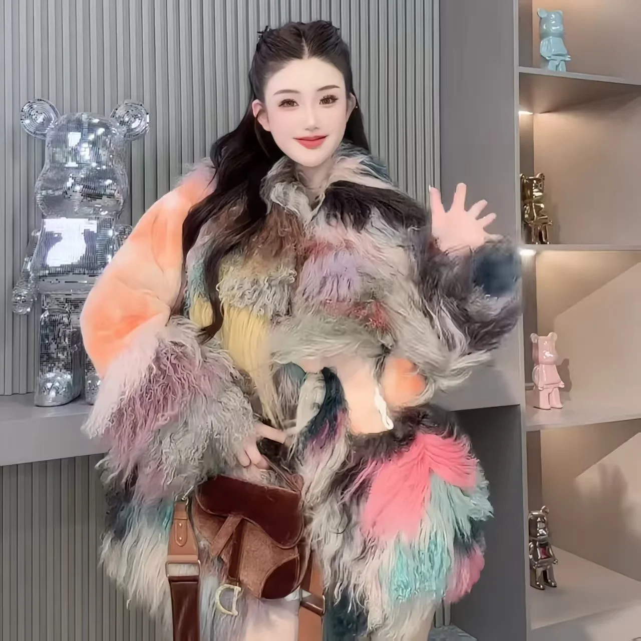 Manteau en fausse fourrure de mouton de mongolie pour femmes, veste à boutons couverts, vêtements féminins, col rond, épissé, épais et chaud, automne et hiver, 2025