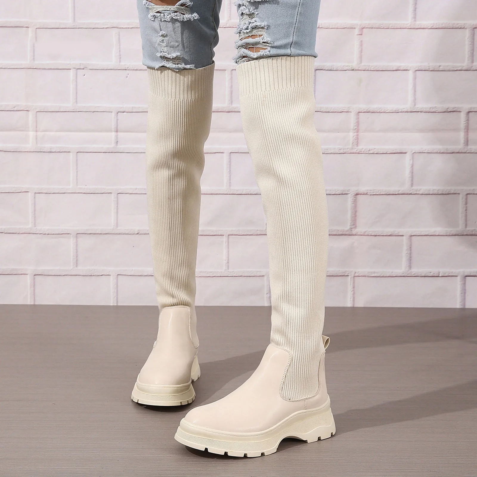 

Women Knee High Boots Pu Leather Punk Female White Lace Up Low Heels Long Boots Cuissarde Femme Zip Chelsea Botas Femininas