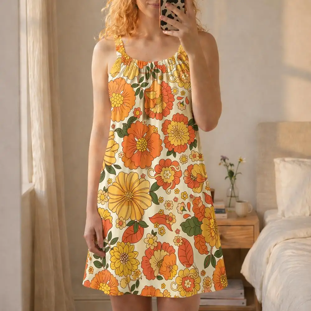 Vintage Large Floral Print Cami Nightdress Women Loose Sleeveless Slip Sleep Dress Summer Ladies Comfort Casual Home Loungewear