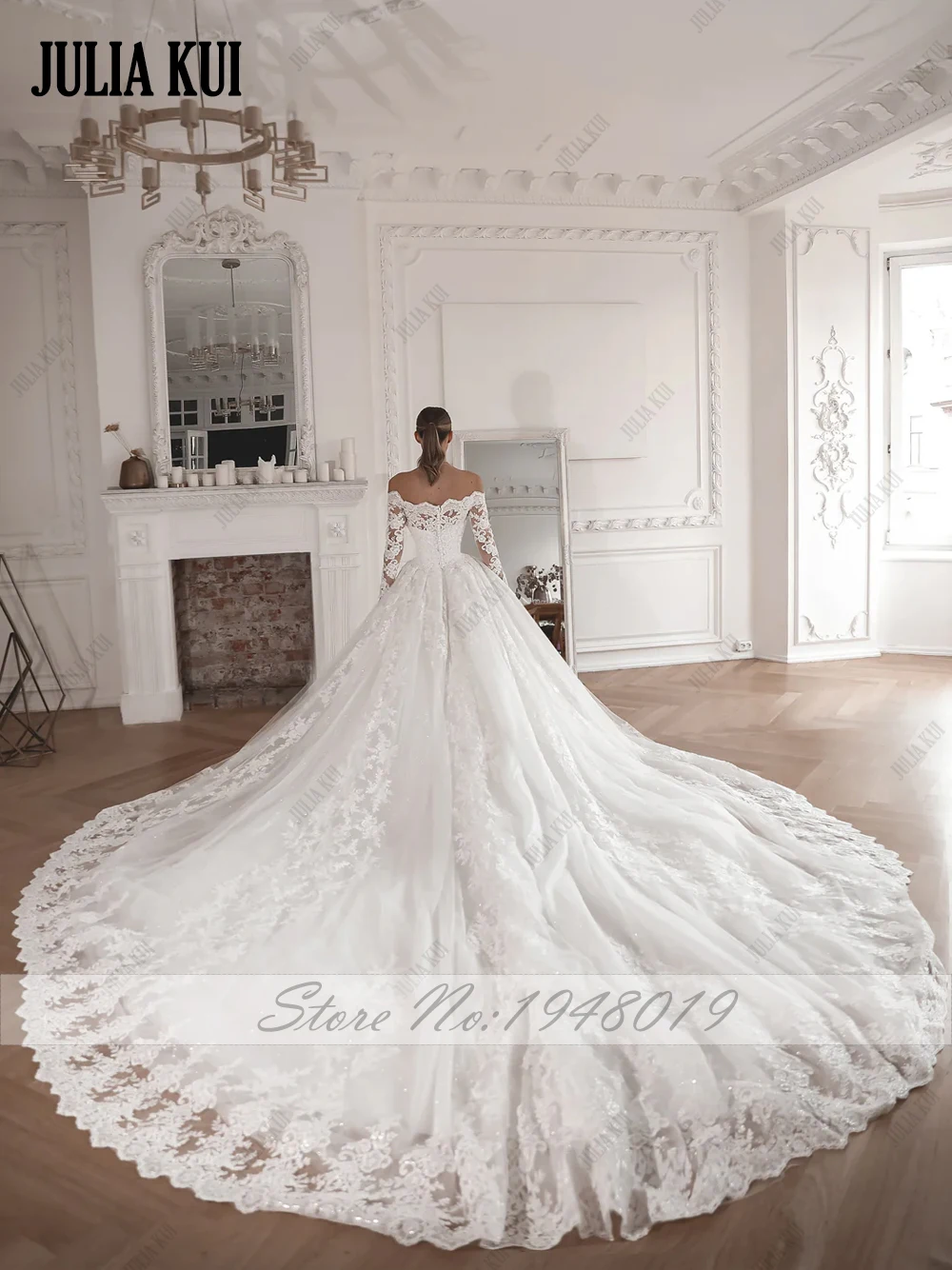 Julia Kui, выполненное на заказ элегантное бальное платье с открытыми плечами и вырезом лодочкой, свадебные платья, блестящие кружевные пышные платья невесты с длинными рукавами
