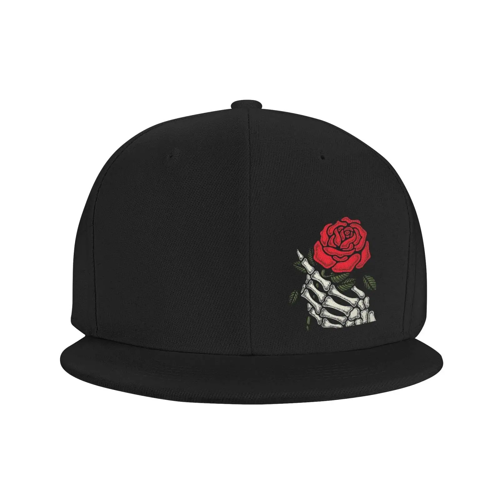 Skull Finger Rose Flower Snapback Hat for Men Black Baseball Cap Adjustable Funny Flat Bill Hats Trucker Dad Gift