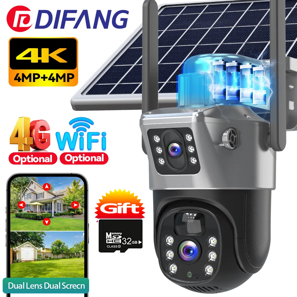 4K 8MP 4G Solar Camera Outdoor Dual Lens Dual Screen Security-Protection External IP CCTV Cam Wireless WiFi Surveillance Cam