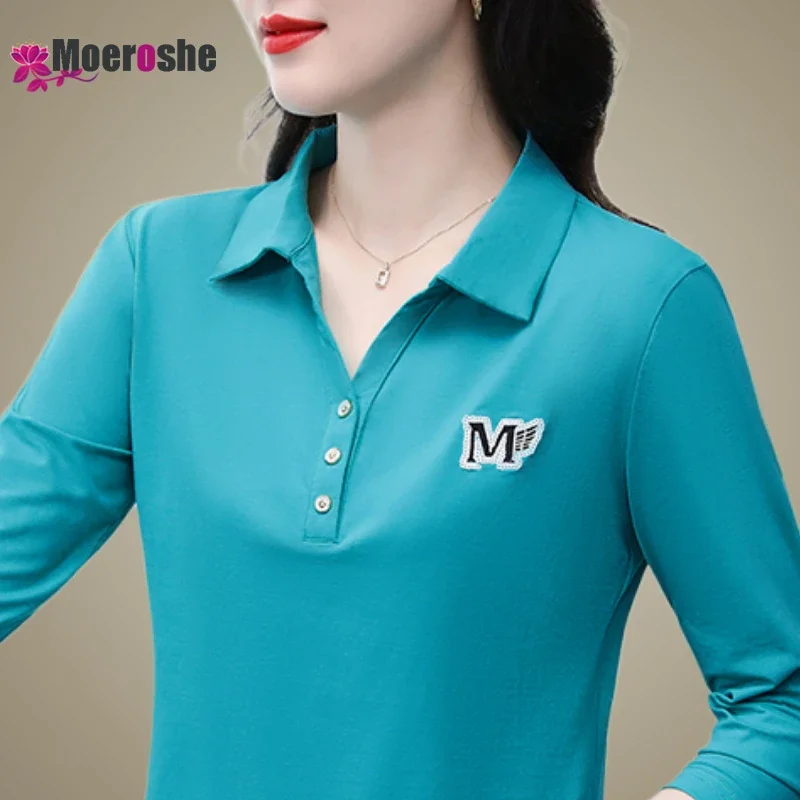 

Moeroshe Solid Color Lapel Long Sleeve T-shirt Embellished with Sequins Slight Strech T-shirts for Women