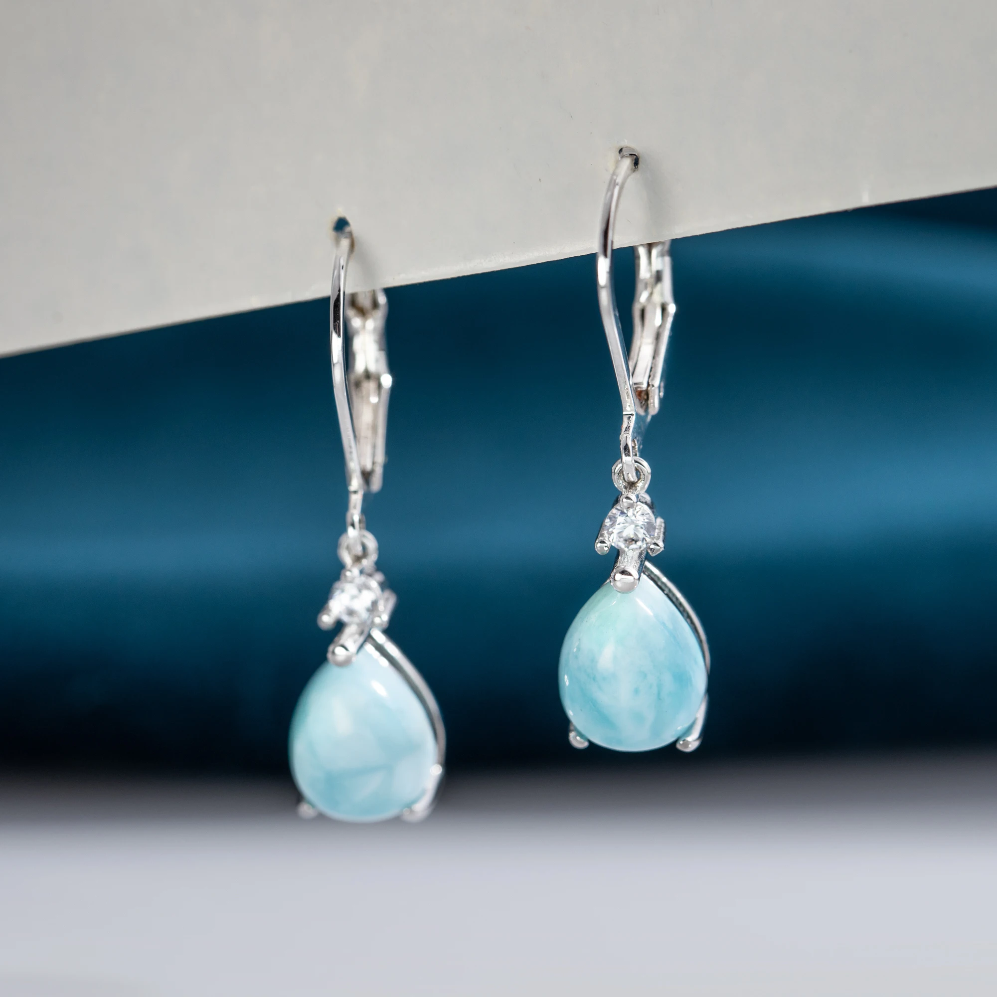 Natural Larimar/Moonstone Hoop Earrings For Women 925 Silver Plated Earrings Simple Fine Jewelry Bule Gemstone Classic Style view 2