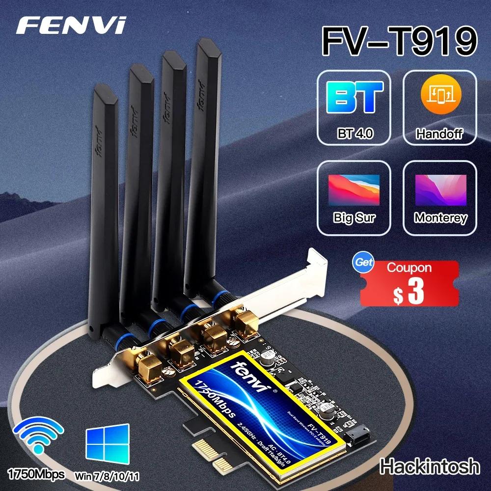 PCIe Wi-Fi карта Fenvi T919 для настольного ПК, 1750 Мбит/с, BCM94360 для MacOS Hackintosh 802.11AC Bluetooth 4,0, двухдиапазонный беспроводной адаптер Win10