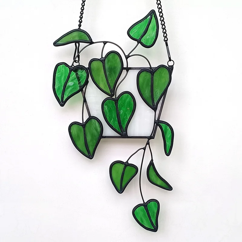 Cross-border new stained glass pendant, Amazon hot sale, colored glass, green plant plug-in ornament, handicraft customization