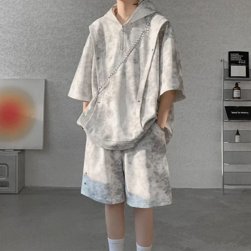 Мужская футболка с капюшоном Короткие комплекты Tie Dye Nylon Loose 2025 Trend 2-х предметный наряд Стильная одежда Essential Slim Fit Мужские шорты Комплект