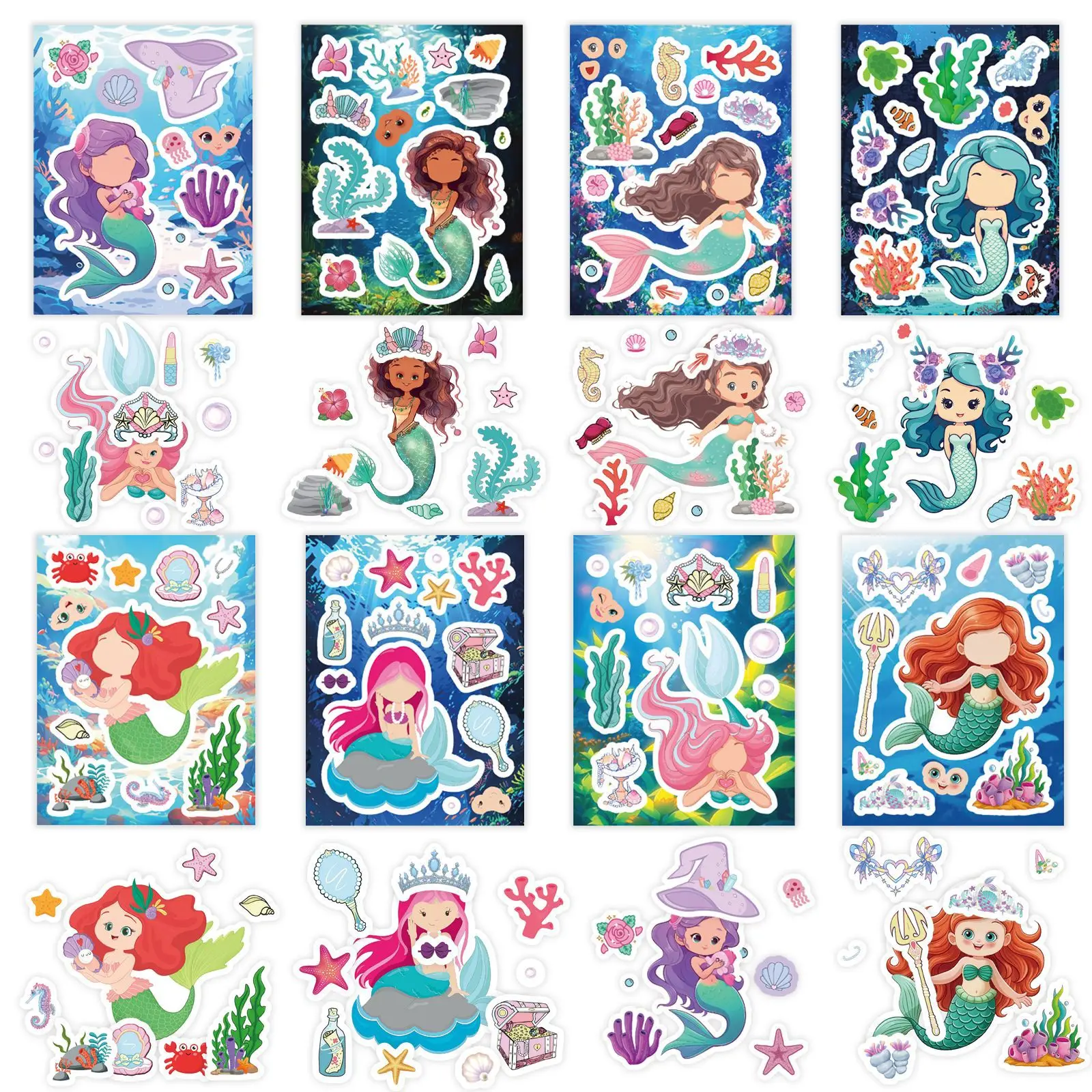 8Sheets Cute Mermaid Princess Puzzle Stickers Make a Face Children DIY Toys Assemble Sticker Party Favor Gifts