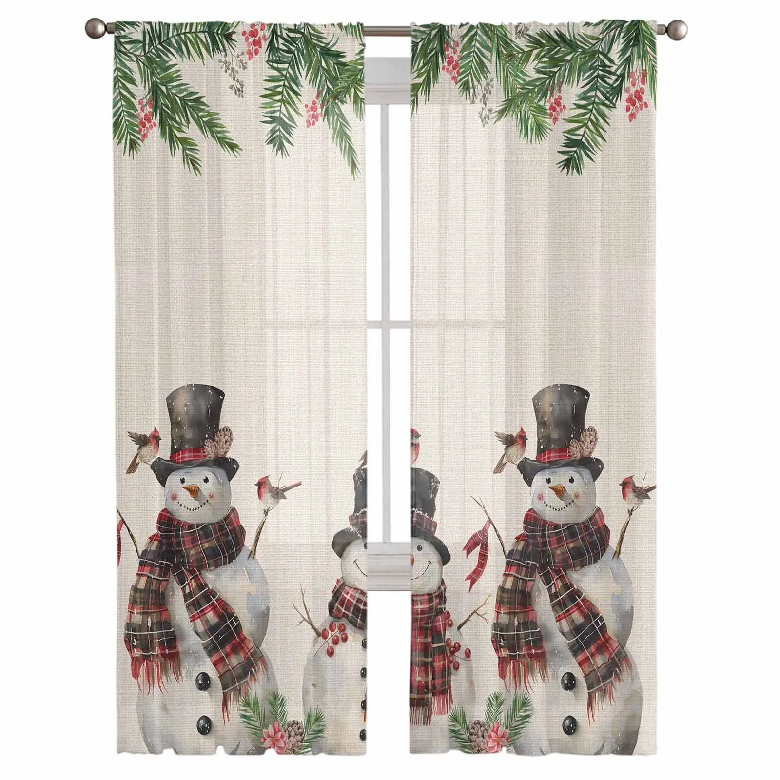 Christmas Snowman Red Sparrow Berries Tulle Curtains for Living Room Decoration Modern Chiffon Sheer Voile Christmas Curtains