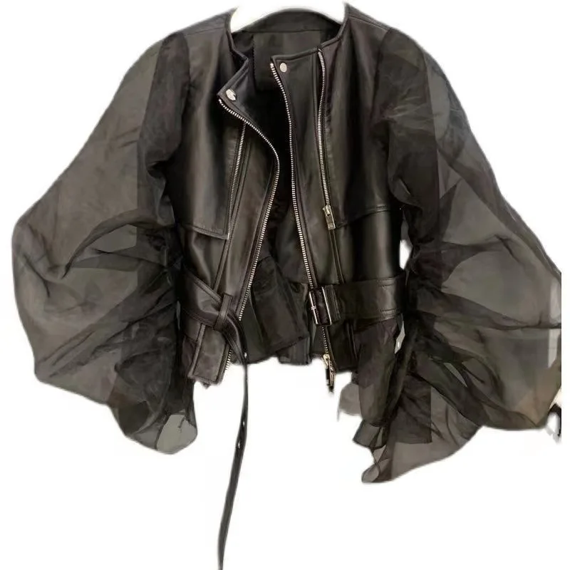 

Short Coat Women Bubble Sleeved Ruffled Fashion Leather Jacket Streetwear Retro Y2k Black Faux Spring Autumn