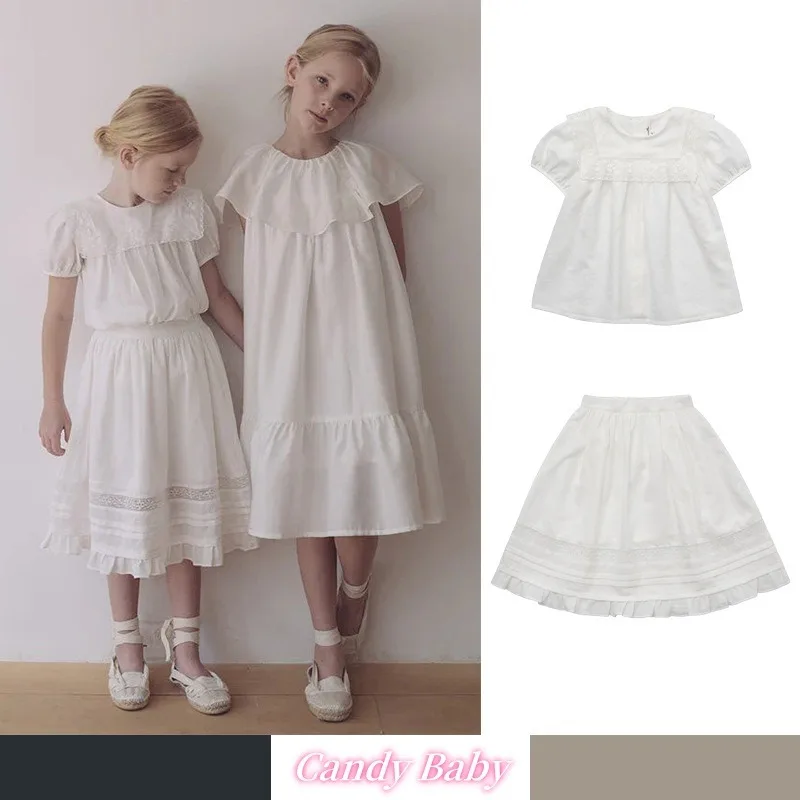 

Pre-sale of 2025 SS LOU New Girls' and Children's Natural Silk Cotton Pure White Short Sleeved Top and Half Skirt Set Clothes