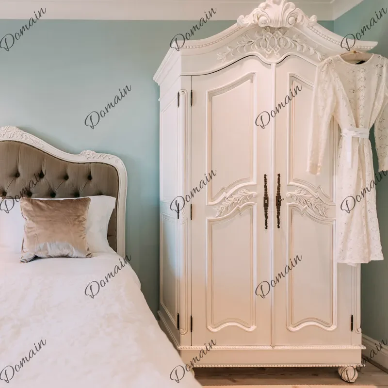 41 N French neoclassical solid wood wardrobe American retro carved old double door wardrobe bedroom children's white storage cab