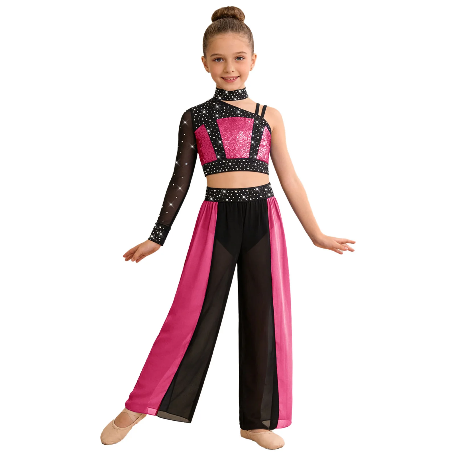 

Детские костюмы для современного лирического танца для девочек: блестящие топы из сетки с камнями и шифоновые брюки с разрезами для балета, фигурного катания и джаза