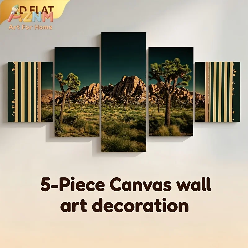 Affiches et impressions, paysage désertique, 5 pièces, art mural sur toile : arbres Joshua, terrain rocheux, herbe verte — Idéal pour le salon, la chambre à coucher