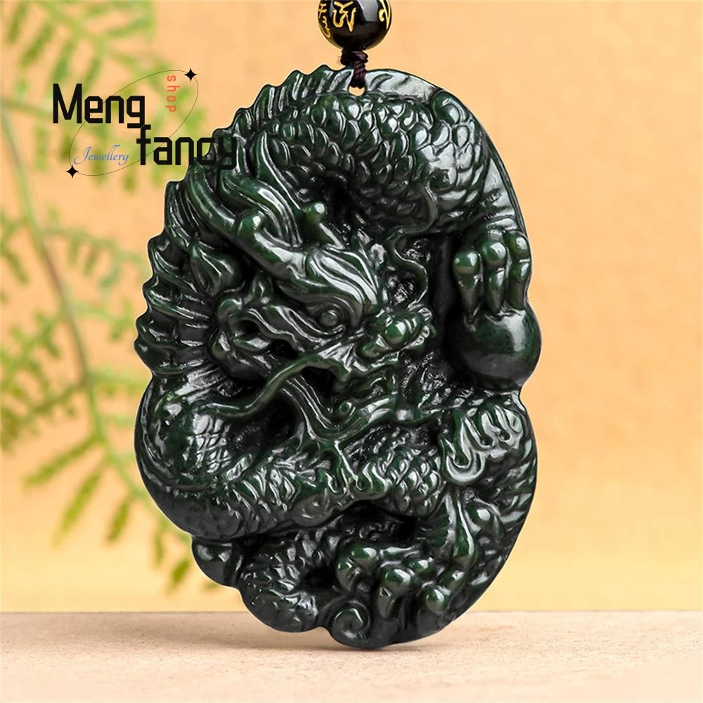 

Natural Hetian Ink Jade Long Yin World Pendant Charms Fashion Jewelry Fine Engraver Amulet Mascots Luxury Men Women Holiday Gift