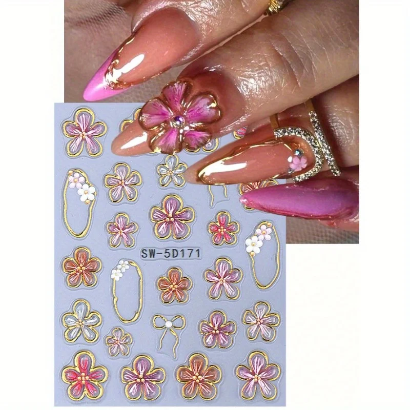 1 unidad de pegatinas para uñas de flor de hibisco de línea dorada 5D, marco cuadrado asimétrico metálico en relieve, pétalos florales rosas y rojos, lazo DIY
