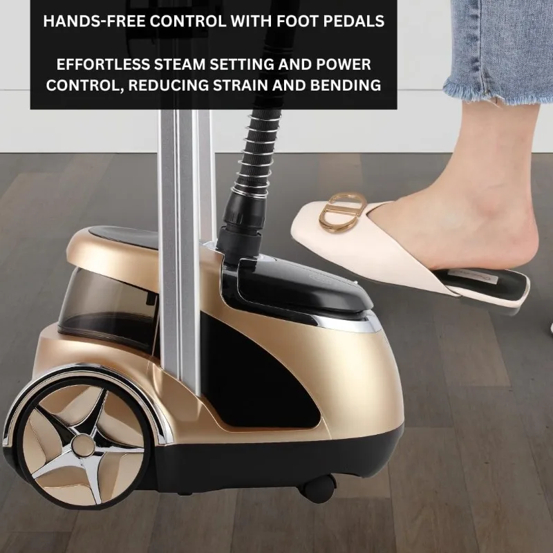 جهاز بخار الملابس المزدوج من سلسلة SALAV Deluxe Professional مع دواسات القدم و3 عبوات إزالة الكالسيفائر، ولوحة من الفولاذ المقاوم للصدأ