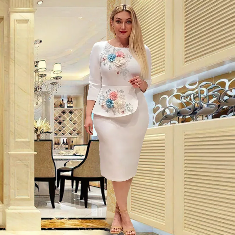 Autumn Elegent African Wedding Party Dresses for Women African Half Sleeve O-neck White Pink Bodycon Dress African Clothes Women
